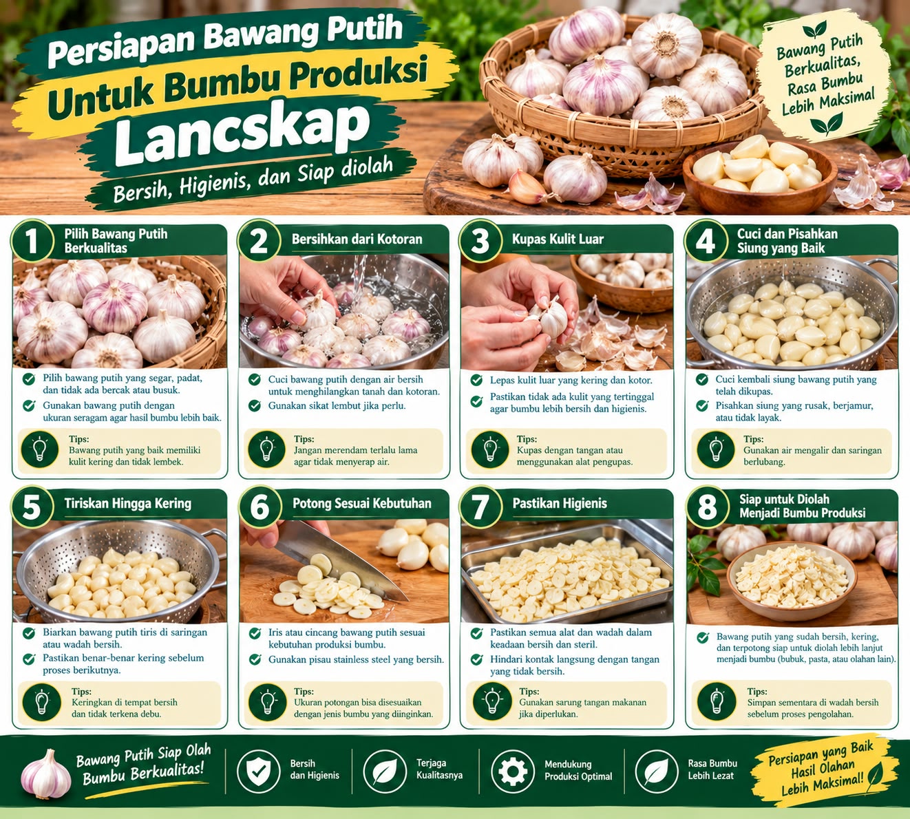 persiapan bawang putih untuk bumbu produksi